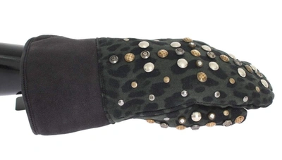 Dolce & Gabbana Grey Wool Shearling Studded Green Leopard Gloves