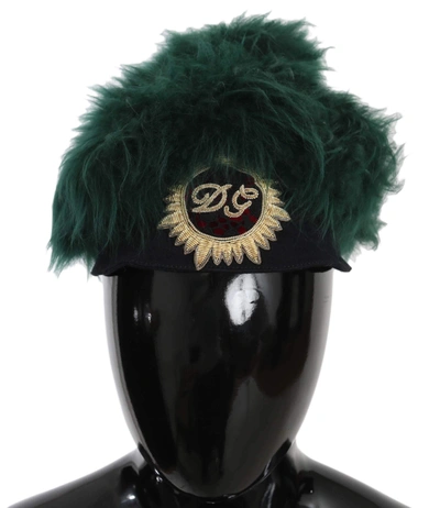 Dolce & Gabbana Green Fur Dg Logo Embroidered Cloche Hat