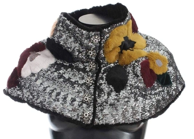 Dolce & Gabbana Silver Sequined Floral Weasel Fur Shoulder Scarf Wrap In Multicolor