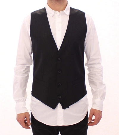 Dolce & Gabbana Black Striped Wool Single Breasted Vest