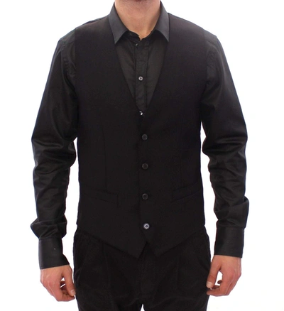 Dolce & Gabbana Black Wool Single Breasted Waistcoat Gilet In Grey