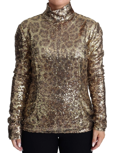 Dolce & Gabbana Brown Leopard Fit Turtleneck Sequin Jumper