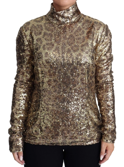 DOLCE & GABBANA BROWN LEOPARD FIT TURTLENECK SEQUIN SWEATER