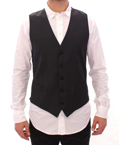 Dolce & Gabbana Gray Striped Wool Single Breasted Vest In Black