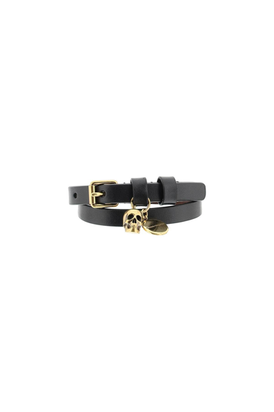 Alexander Mcqueen Double Wrap Leather Bracelet In Black
