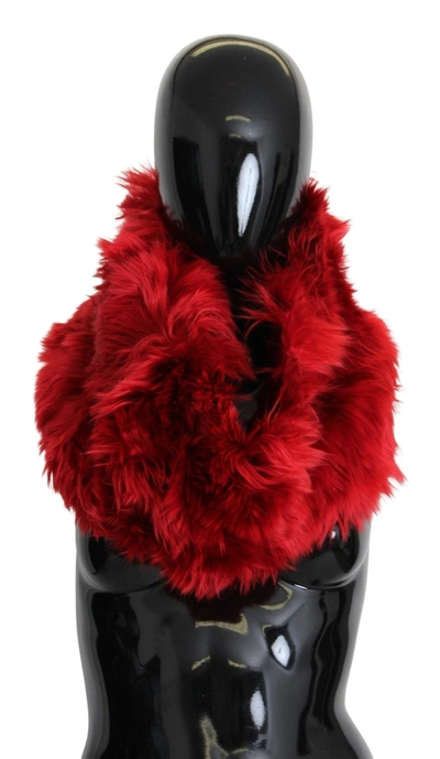 Dolce & Gabbana Red Alpaca Leather Fur Neck Wrap Shawl Scarf