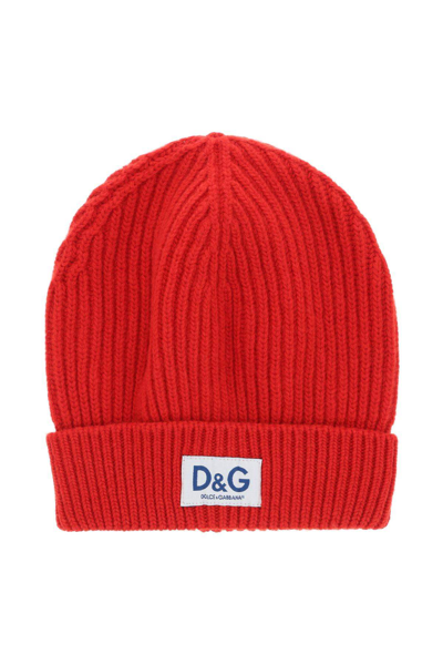 Dolce & Gabbana D&g Patch Wool Knit Beanie Hat In Red