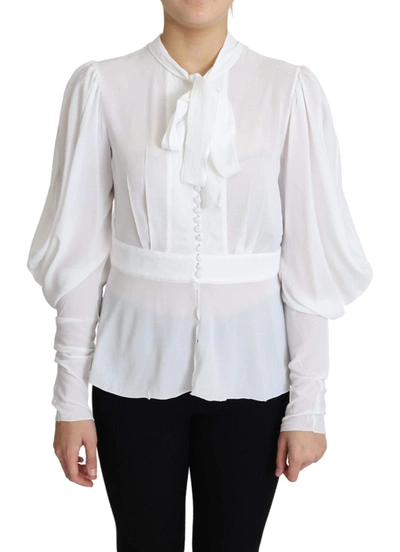 Dolce & Gabbana White Blouse Ascot Collar Lantern Sleeves Top