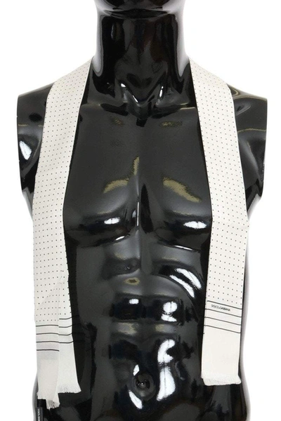 Dolce & Gabbana White Polka Dotted Silk Skinny Scarf In Black/white