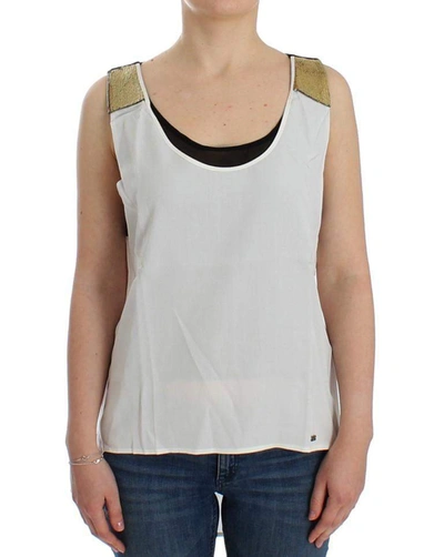 Costume National Elegant Monochrome Sleeveless Top With Gold Accents In White