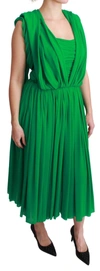 DOLCE & GABBANA 100% SILK GREEN SLEEVELESS PLEATED MAXI DRESS