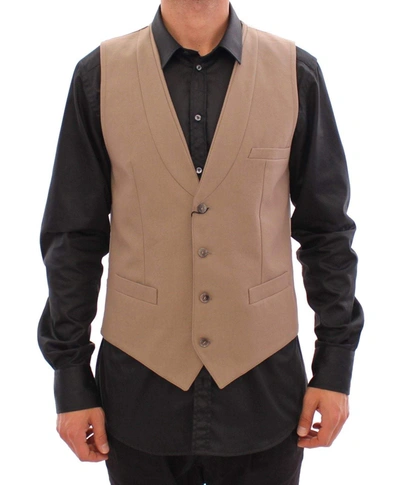 Dolce & Gabbana Beige Cotton Slim Fit Button Front Dress Vest