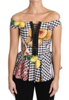 DOLCE & GABBANA BLACK AND WHITE CORSET BLOUSE SICILY LEMON CHECK TOP