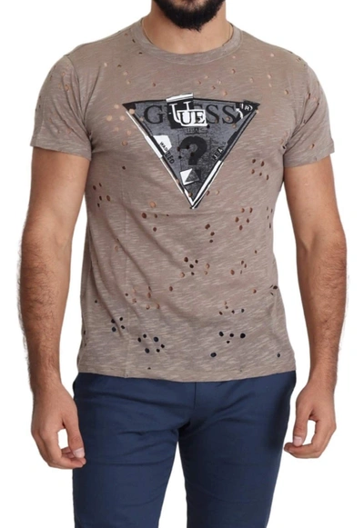 Guess Brown Cotton Stretch Logo Print Men Casual Perforated T-shirt