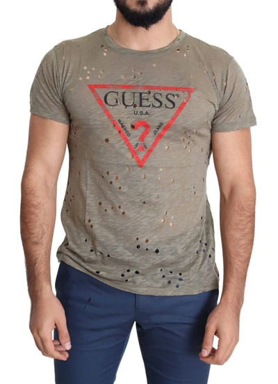 Guess Brown Cotton Stretch Logo Print Men Casual Perforated T-shirt