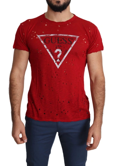 GUESS RED COTTON LOGO PRINT MEN CASUAL TOP PERFORATED T-SHIRT