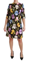 DOLCE & GABBANA BLACK COTTON SILK FLORAL SHIFT DRESS