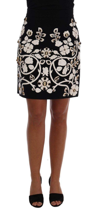 DOLCE & GABBANA BLACK CRYSTAL FLORAL PENCIL SKIRT