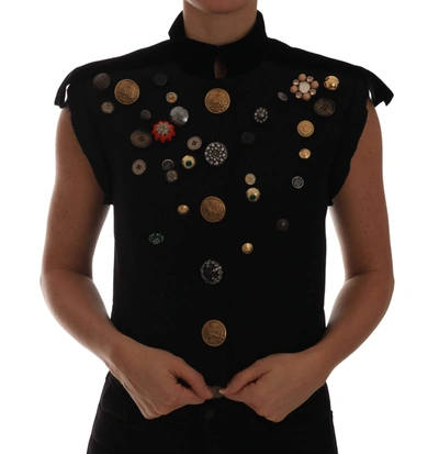 DOLCE & GABBANA BLACK EMBELLISHED FLORAL MILITARY JACKET VEST