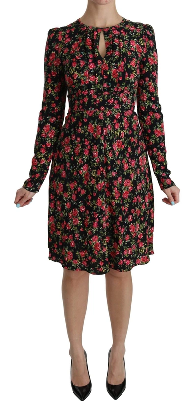 Dolce & Gabbana Black Floral Longsleeve Knee Length Dress