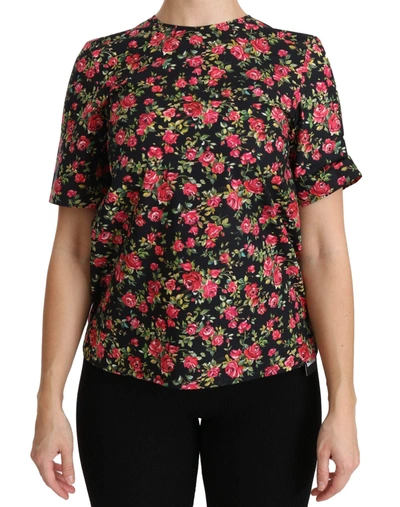 DOLCE & GABBANA BLACK FLORAL ROSES SHORT SLEEVE TOP BLOUSE