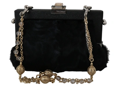 Dolce & Gabbana Black Fur Brocade Crystal Shoulder Vanda Purse