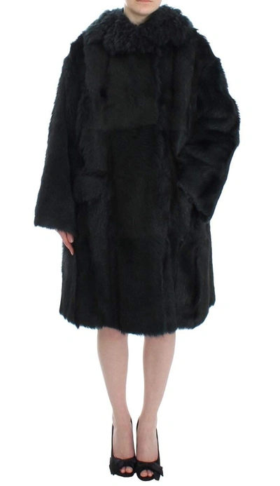 DOLCE & GABBANA BLACK GOAT FUR SHEARLING LONG JACKET COAT