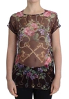 DOLCE & GABBANA BLACK KEY FLORAL PRINT SILK BLOUSE T-SHIRT