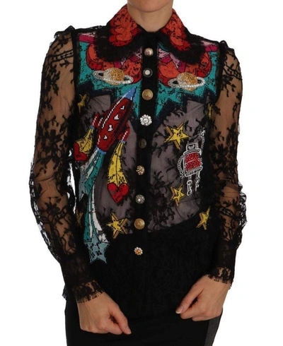 DOLCE & GABBANA BLACK LACE CRYSTAL SPACE SHIRT