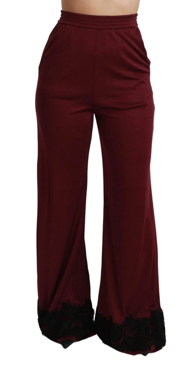 Dolce & Gabbana Black Lace High Waist Wide Leg Maroon  Pants In Bordeaux