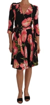 Dolce & Gabbana Black Pink Tulip Print Stretch Shift Dress In Black