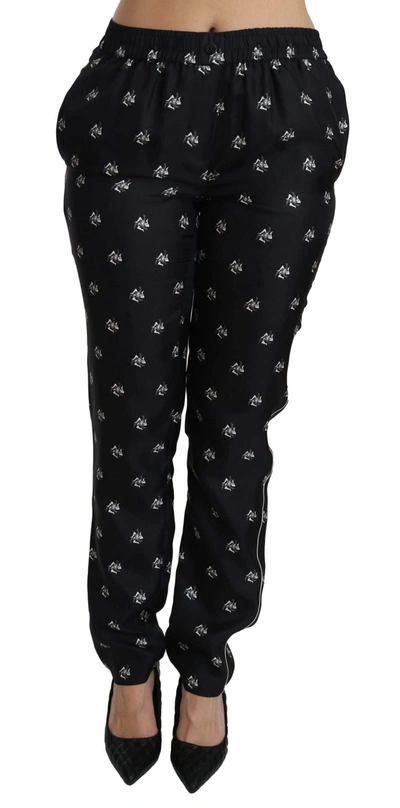 Dolce & Gabbana Black Printed Mid Waist Skinny Silk Pants