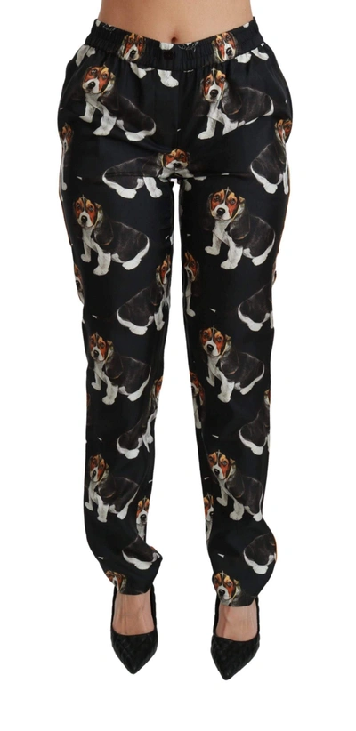 Dolce & Gabbana Black Puppy Dog Mid Waist Skinny Silk Trousers