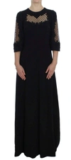 DOLCE & GABBANA BLACK RICAMO WOOL STRETCH MAXI DRESS