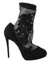 Dolce & Gabbana Black Roses Stilettos Booties Socks Shoes In Black