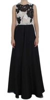 Dolce & Gabbana Black White Floral Silk Sheath Gown Dress In White