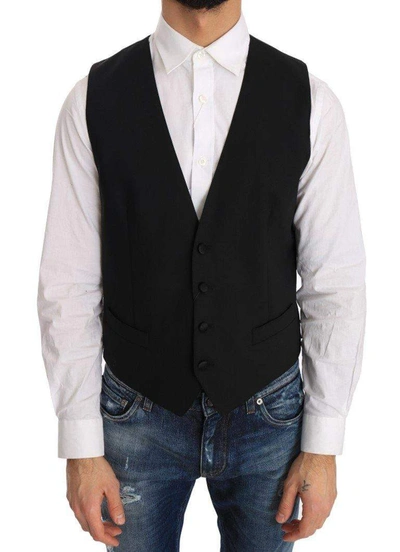 Dolce & Gabbana Gray Wool Silk Waistcoat Vest In Black