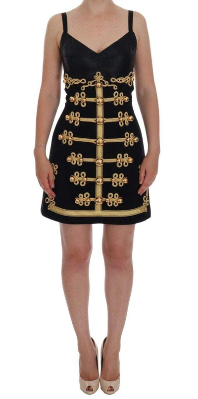 DOLCE & GABBANA BLACK WOOL STRETCH GOLD A-LINE DRESS