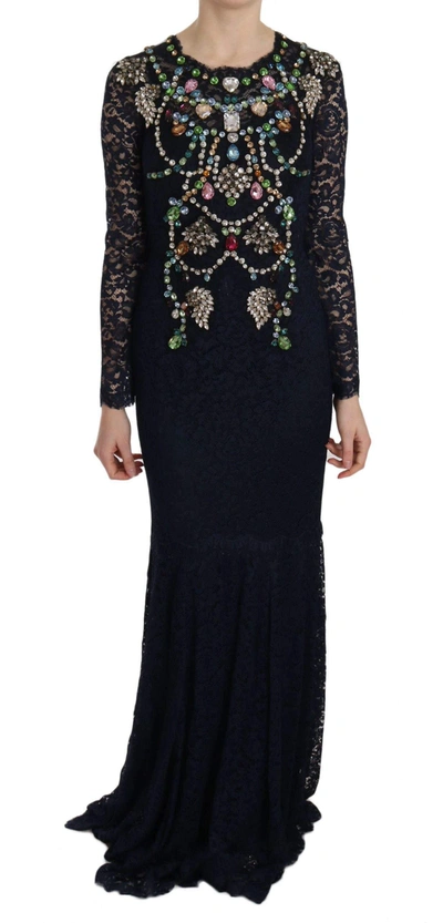 DOLCE & GABBANA BLUE CRYSTAL FLORAL LACE LONG GOWN DRESS