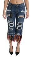 Dolce & Gabbana Blue Feathers Low Waist Cropped Cotton Jeans In Blue