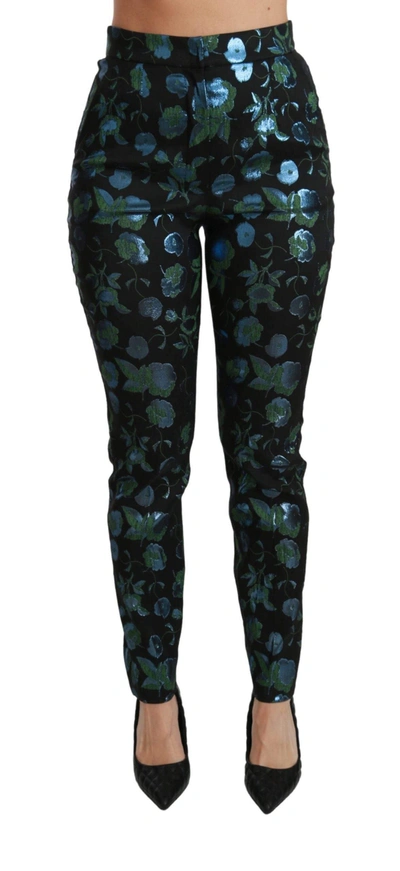 Dolce & Gabbana Blue Green Floral Metallic Slim Pants In Black