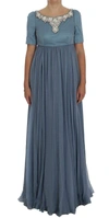 Dolce & Gabbana Blue Silk Crystal Sheath Gown Ball Dress In Blue