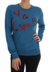 DOLCE & GABBANA BLUE SILK LOVE IS PULLOVER SWEATER