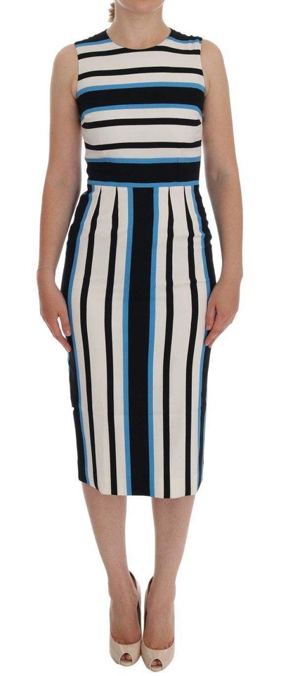 Dolce & Gabbana Blue White Striped Silk Stretch Sheath Dress In Multicolor