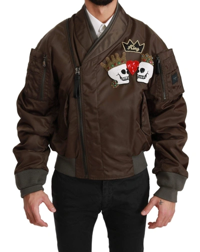 Dolce & Gabbana Brown Beaded Crown Skull Logo Jacket