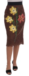 DOLCE & GABBANA BROWN FLORAL LACE PENCIL SKIRT