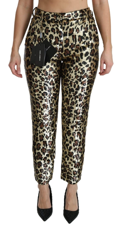 Dolce & Gabbana Brown Leopard Sequined High Waist Trousers In Gold