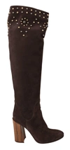 DOLCE & GABBANA BROWN SUEDE STUDDED KNEE HIGH SHOES BOOTS