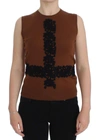 DOLCE & GABBANA BROWN WOOL BLACK LACE VEST SWEATER TOP