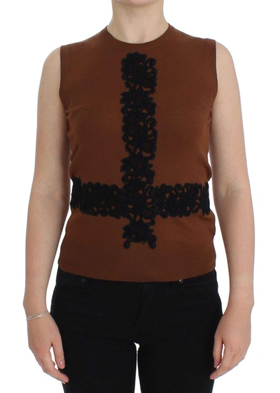 DOLCE & GABBANA BROWN WOOL BLACK LACE VEST SWEATER TOP